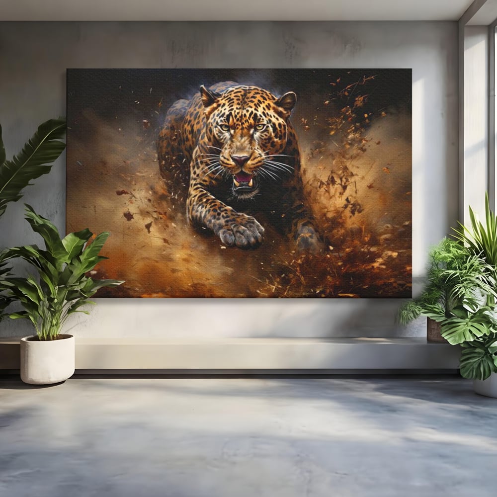 Tablou canvas cu tablou canvas cu leopard in alergare, fara rama, pe sasiu de lemn
